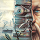 Philip K. Dick, half of his face revealed as a cyborg, with a sci-fi city and quiet field on either side.